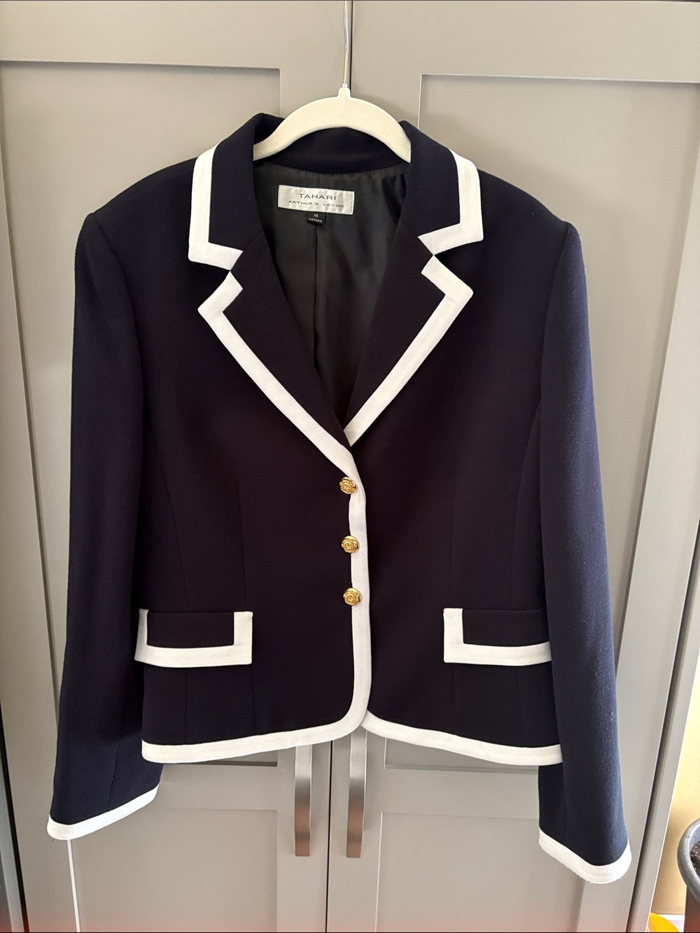 Tahari Navy Blazer with White Piping and Gold Buttons.